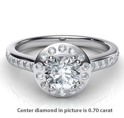 Contemporary Halo engagement ring with flush setting side diamonds