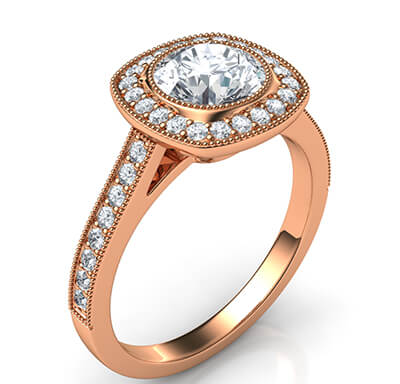 Rose Gold Low profile Cushion bezel with diamonds halo 1/3 carat side diamonds and fully millgrained