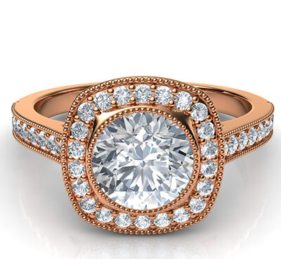 Rose Gold Low profile Cushion bezel with diamonds halo 1/3 carat side diamonds and fully millgrained
