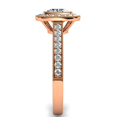 Rose Gold Low profile Cushion bezel with diamonds halo 1/3 carat side diamonds and fully millgrained