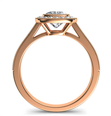 Rose Gold Low profile Cushion bezel with diamonds halo 1/3 carat side diamonds and fully millgrained