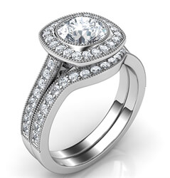 Picture of Low profile bezel halo bridal set for all shapes. Set with 1/2 carat side diiamonds