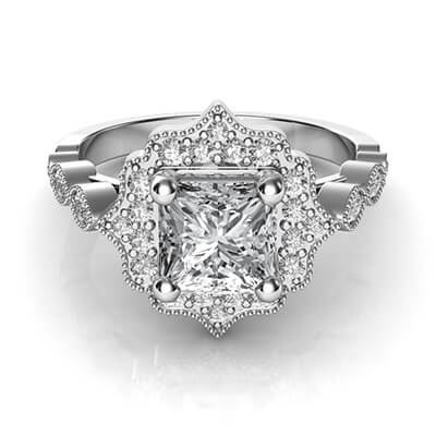 Vintage style halo engagement ring for Princess