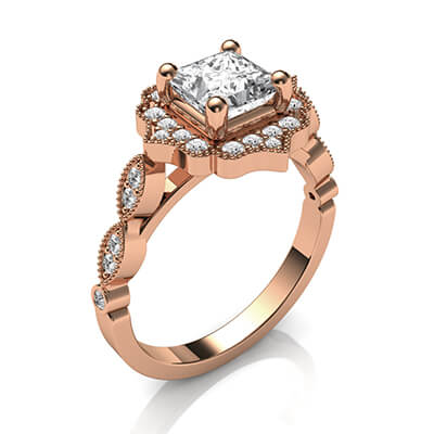 Vintage style halo engagement ring for Princess