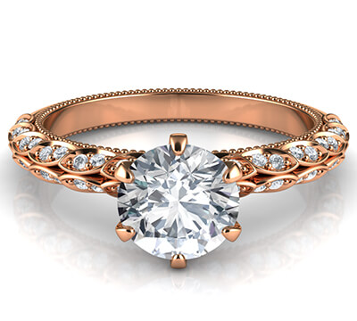 Rose Gold Engagement ring with leaves set with diamonds, Vintage style