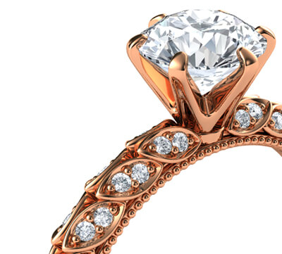 Rose Gold Engagement ring with leaves set with diamonds, Vintage style