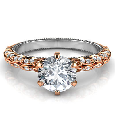 Rose Gold Engagement ring with leaves set with diamonds, Vintage style