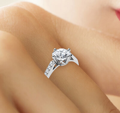 Low Profile cathedral engagement ring with side diamonds-Sandra