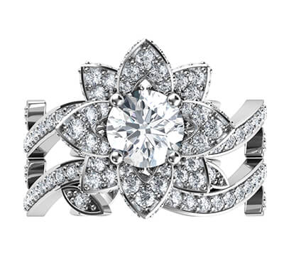 Leaf motif Lotus flower bridal set with side diamonds 1.09 carat