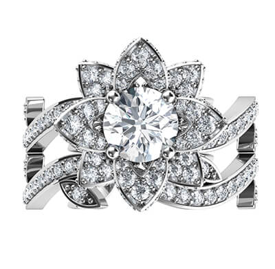 Conjunto de novia con motivo de hoja y flor de loto con diamantes laterales de 1,09 quilates