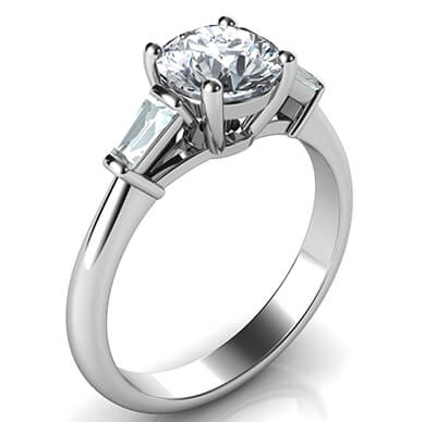 Cathedral engagement ring  with two tapered Baguette diamonds 0.24 carat