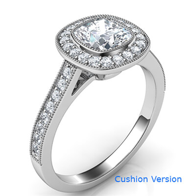 Low profile all shapes bezel with diamonds halo 1/3 carat side diamonds and fully millgrained