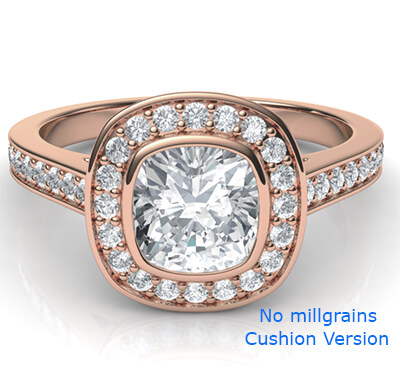 Low profile all shapes bezel with diamonds halo 1/3 carat side diamonds and fully millgrained