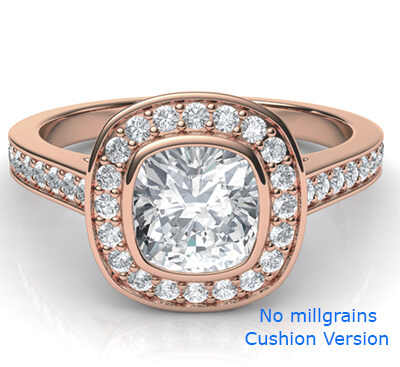 Low profile all shapes bezel with diamonds halo 1/3 carat side diamonds and fully millgrained