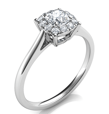 Delicate Halo Engagement ring settings for smaller Cushion diamonds, 0.20 to 0.60 carat