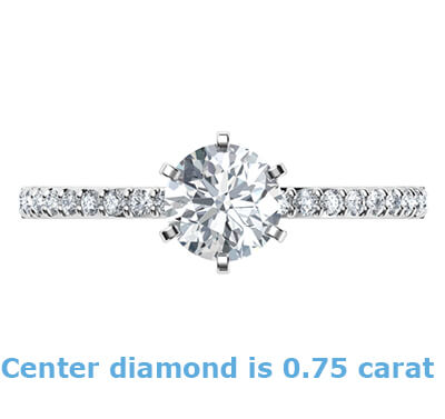 Modelo de anillo de compromiso con cabeza de 4 o 6 puntas, con diamantes laterales, puntas comunes engastadas en 0,20 quilates