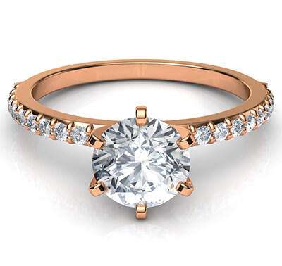 Rose Gold Common prongs, 6 prongs head ring model, with side diamonds  0.20 carat