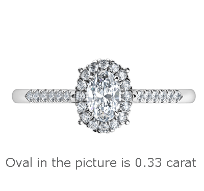 Delicate Halo Engagement ring settings for smaller Oval diamonds, 0.20 to 0.60 carat