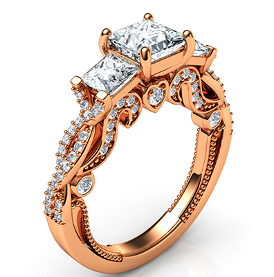 Anillo de compromiso estilo vintage de oro rosa con dos diamantes Princess de 0,76 CTW