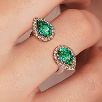 Two Emerald Pears with diamonds, in - 14K White,Yellow or Rose Gold