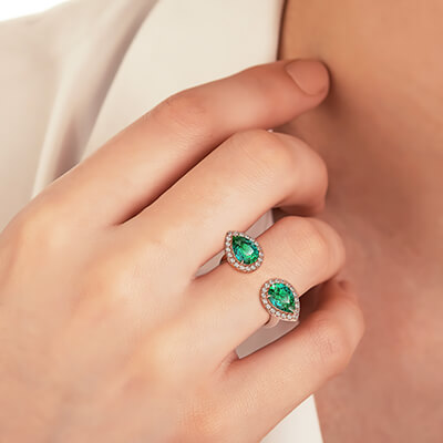 Two Emerald Pears with diamonds, in - 14K White,Yellow or Rose Gold