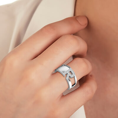 Designers Signet ring your initial letter with diamonds, in 14k Gold, White, Yellow or Rose color