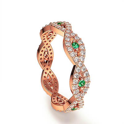 3/4 carat Infinity ringwith Diamonds and Emeralds in - 14K White, Rose and Yellow Gold