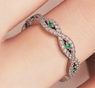 3/4 carat Infinity ringwith Diamonds and Emeralds in - 14K White, Rose and Yellow Gold