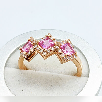 1 Carat three pink Sapphires and 1/3 carat diamonds ring