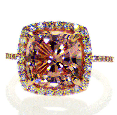 Listo para enviar, anillo de compromiso con morganita rosa de 4 quilates y diamantes laterales de 0,55 quilates, en oro rosado de 14 k