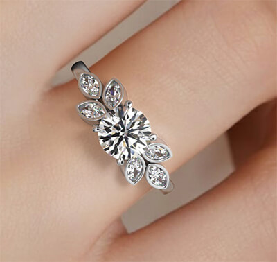 Low Profile engagement ring with 0.60 carat Marquise side diamonds-Santana