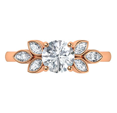 Rose Gold engagement ring with 0.60 carat side Marquise diamonds