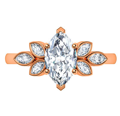 Low Profile Marquise center engagement ring with 0.60 carat Marquise side diamonds