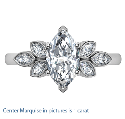 Low Profile Marquise center engagement ring with 0.60 carat Marquise side diamonds