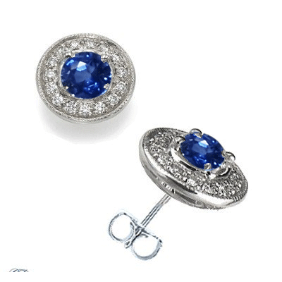 1.50Cts Designers pave set diamond stud earrings with Ceylon Sapphires 1.25 CTS