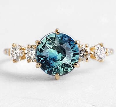 1.50 carat Green Blue natural Sapphire and diamonds ring