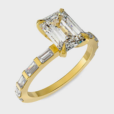 Anillo de compromiso engastado con 10 diamantes laterales Baguettes 0,60 quilates GH VS