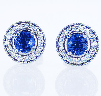 1.50Cts Designers pave set diamond stud earrings with Ceylon Sapphires 1.25 CTS