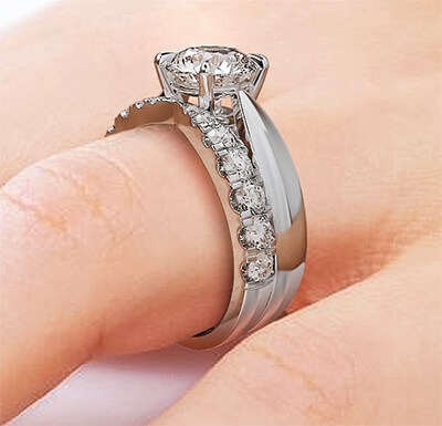 Bridal set solitaire ring, wedding with side diamonds.6 mm