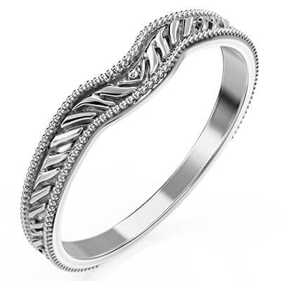 Matching engraved vintage wedding ring, 3 to 1.8 mm width, has a curve to fit flash with the engagement ring