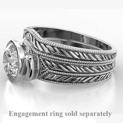 Matching engraved vintage wedding ring, 3 to 1.8 mm width, has a curve to fit flash with the engagement ring