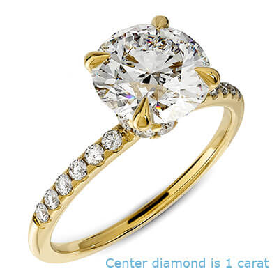 Yellow Gold Hidden Halo Engagement ring Setting, with 0.20 cts sides G VS2, very-good to ideal-cut