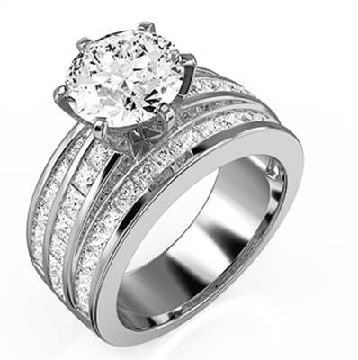 Engagement ring setting with side Princess diamonds
