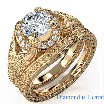 Exquisito conjunto nupcial vintage masivo con diamante flotante
