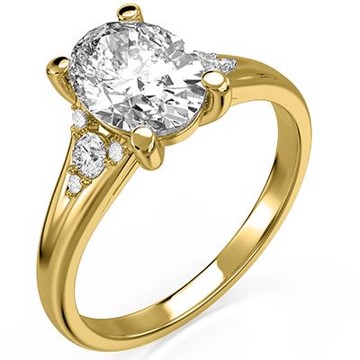 Yellow Gold Oval engagement ring with split band and side diamonds