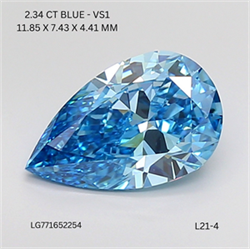 Picture of Lab Grown Diamond 2.34 Carats, Pear with  Cut, Fancy Vivid Blue Color, VS1 Clarity and Certified by IGI