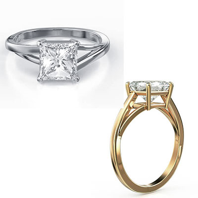 Anillo de compromiso con solitario de perfil bajo con un toque especial para todos los diamantes cuadrados