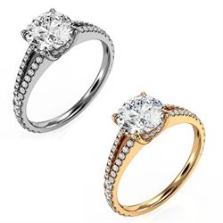 Picture of Split band hidden halo engagement ring setting for Rounds, with side diamonds