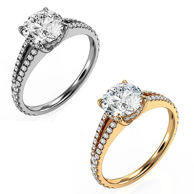 Split band hidden halo engagement ring setting for Rounds, with side diamonds