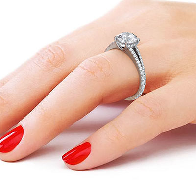 Split band hidden halo engagement ring setting for Rounds, with side diamonds